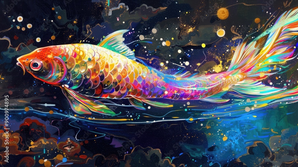 Enchanted fish with rainbow fins in a luminous, heavenly lake Enchanted fish with rainbow fins in a luminous, heavenly lake