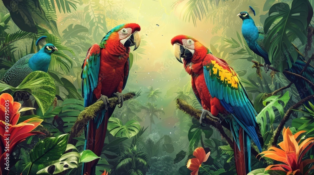 Obraz premium Heavenly oasis with colorful parrots and vibrant peacocks in lush greenery