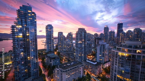 High-rise, beautifully lit buildings adding color to a city skyline at dusk