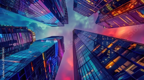 High-rise buildings with futuristic designs and colorful lights at night