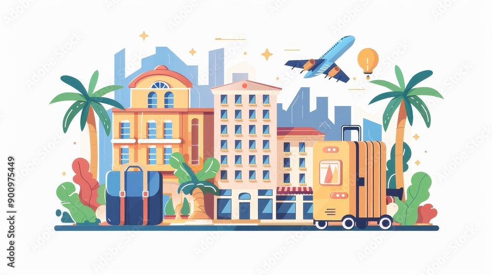 Obraz premium A cartoonish illustration of a city with a hotel, an airplane, and a suitcase