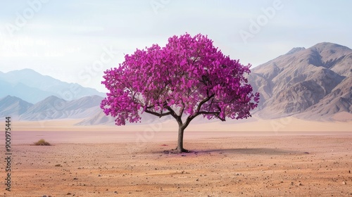 Solitary tree with vibrant purple blossoms in a barren desert setting photo