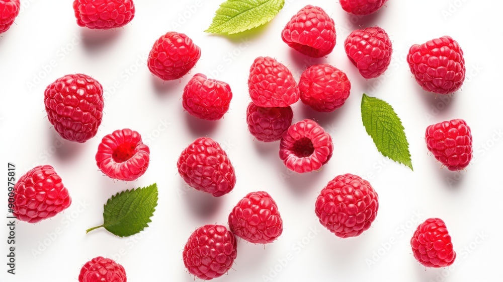 Fresh, ripe raspberries scattered across a clean white background, showcasing their vibrant red color and delicate texture Fresh, ripe raspberries scattered across a clean white background, showcasing their vibrant red color and delicate texture