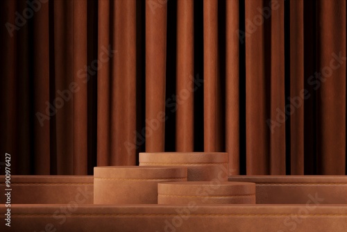Three leather podium for product presentation on abstract leather background. 3D illustration