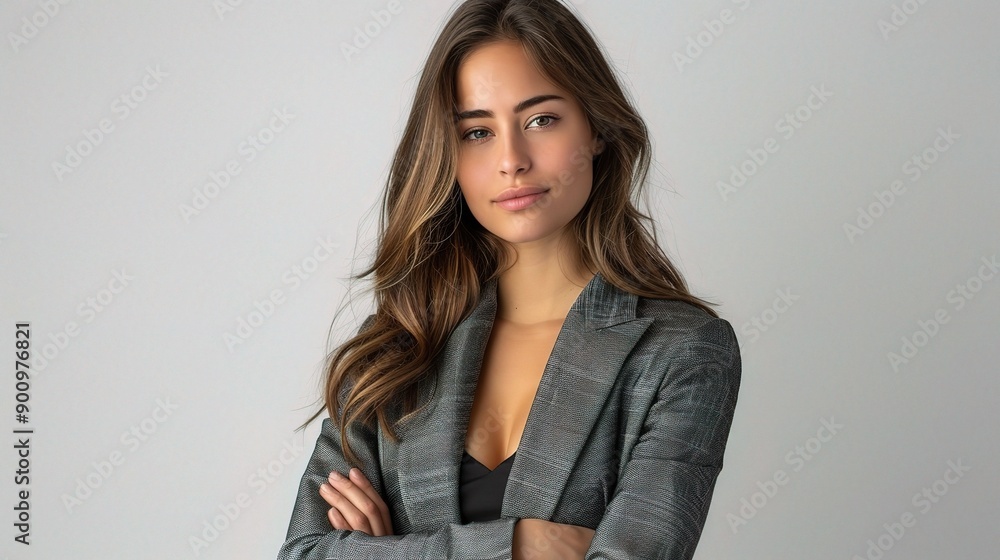 Confident and Composed: A young woman with long brown hair and piercing brown eyes exudes confidence in a stylish blazer. Her arms are crossed, suggesting strength and self-assurance. Confident and Composed: A young woman with long brown hair and piercing brown eyes exudes confidence in a stylish blazer. Her arms are crossed, suggesting strength and self-assurance.