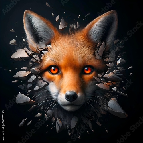 fox’s face peering through a broken, fragmented surface