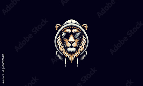 head lion wearing sun glass and jacket vector mascot design