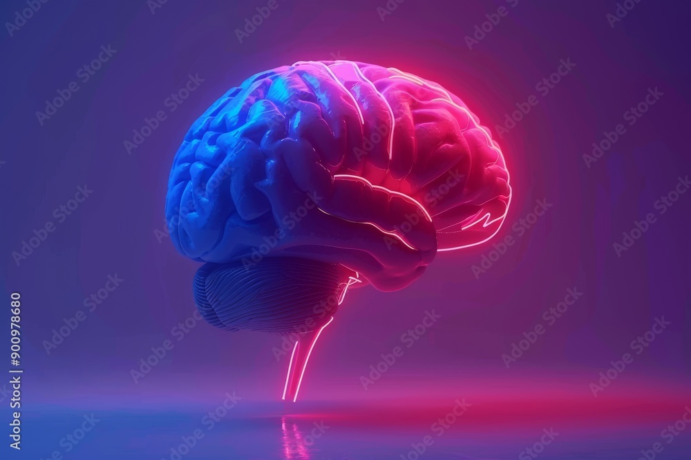 Neon digital rendering of a brain symbolizing cognitive processes and technology in a vibrant and futuristic style Neon digital rendering of a brain symbolizing cognitive processes and technology in a vibrant and futuristic style