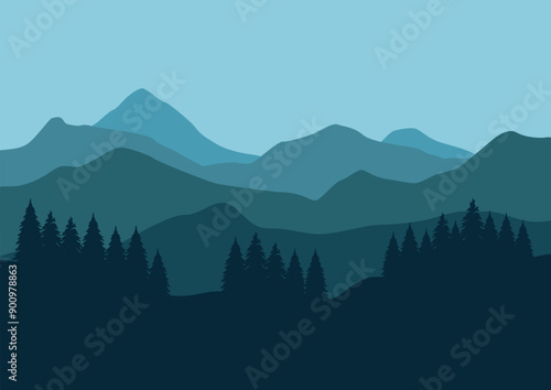 vector pine forest and mountain panorama illustration design.