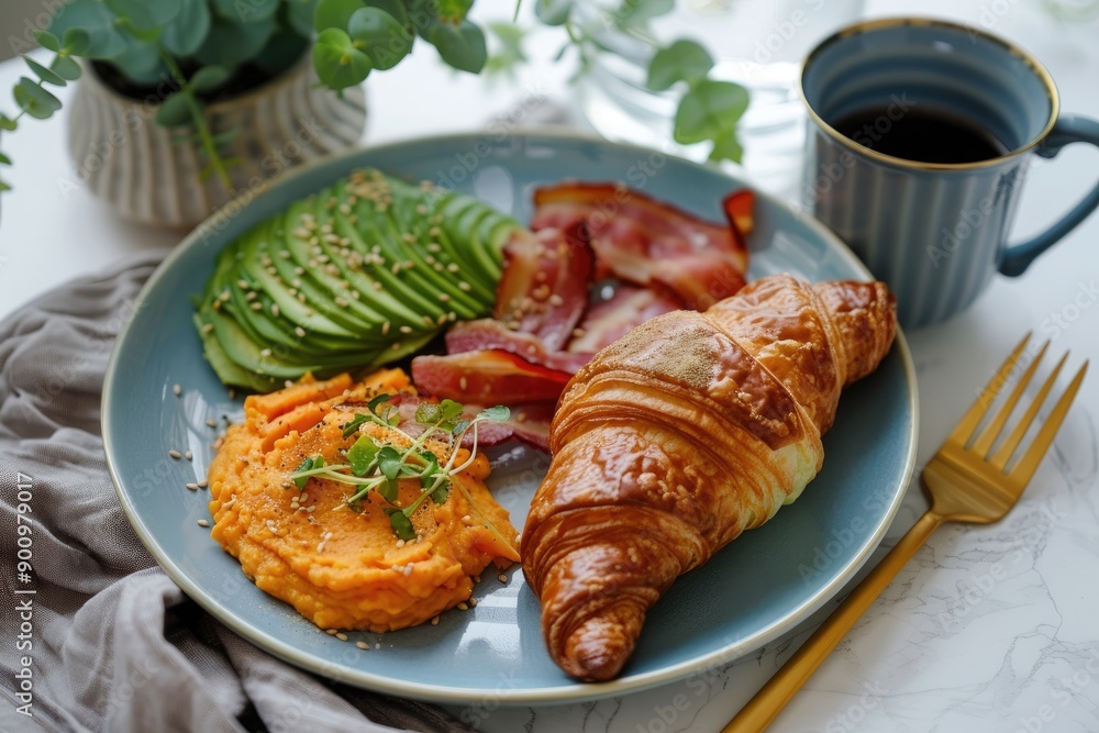 Sweet Potato Mash, Avocado, Bacon, Croissant, and Coffee Breakfast Sweet Potato Mash, Avocado, Bacon, Croissant, and Coffee Breakfast