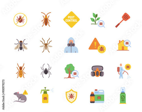 Set of pest control icon. Colorful symbols with insects, harmful animals and chemicals for their extermination. Design element for app. Flat vector illustration collection Isolated on white background