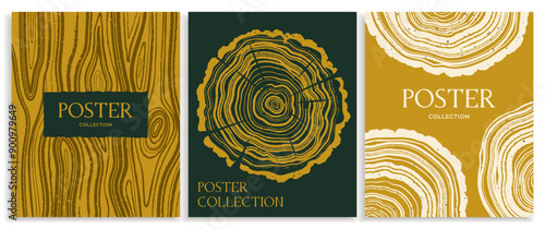 Set of posters with wood annual rings. Luxury banners with tree trunk in section. Flyers with realistic wooden concentric circles texture. Flat vector illustration collection isolated on background
