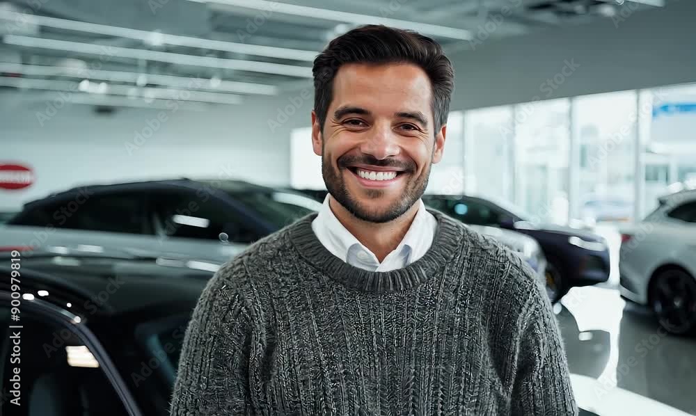 Environmental portrait video of a grinning man in his 30s wearing a cozy sweater against a car showroom or dealership background Environmental portrait video of a grinning man in his 30s wearing a cozy sweater against a car showroom or dealership background