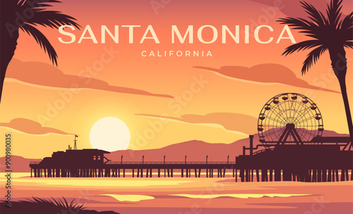 Travel destination poster. Landscape with silhouettes of palm trees, pier, Ferris wheel and sea waves at sunset. Scenery Santa Monica, California. Tourism and journey. Cartoon vector illustration