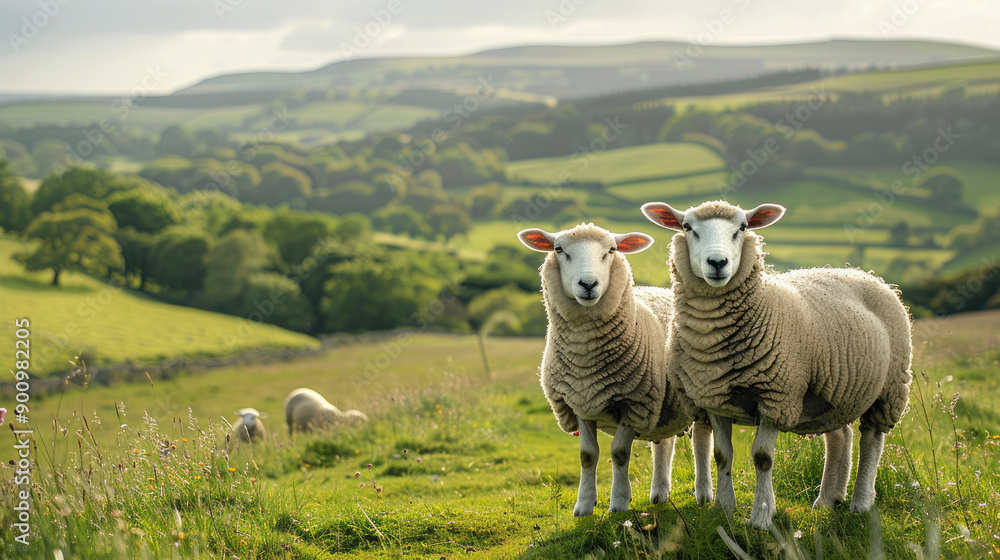 Two sheep stand together in a lush green field, surrounded by rolling hills and serene countryside, showcasing nature's beauty. Two sheep stand together in a lush green field, surrounded by rolling hills and serene countryside, showcasing nature's beauty.