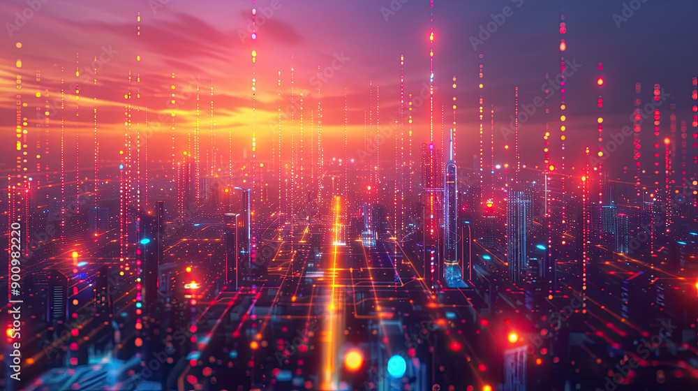 Obraz premium Vibrant city skyline illuminated by colorful lights against a dramatic sunset, showcasing urban beauty and technological advancement.