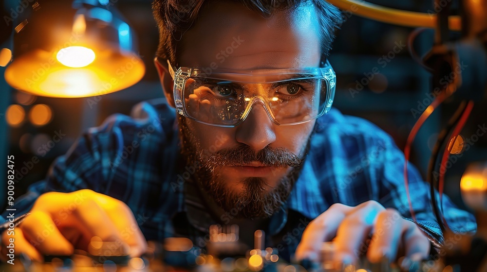 Focused Engineer: A close-up portrait of a focused engineer, his face illuminated by the glow of a lamp, as he works on a circuit board, his eyes intently focused on the task at hand. Focused Engineer: A close-up portrait of a focused engineer, his face illuminated by the glow of a lamp, as he works on a circuit board, his eyes intently focused on the task at hand.