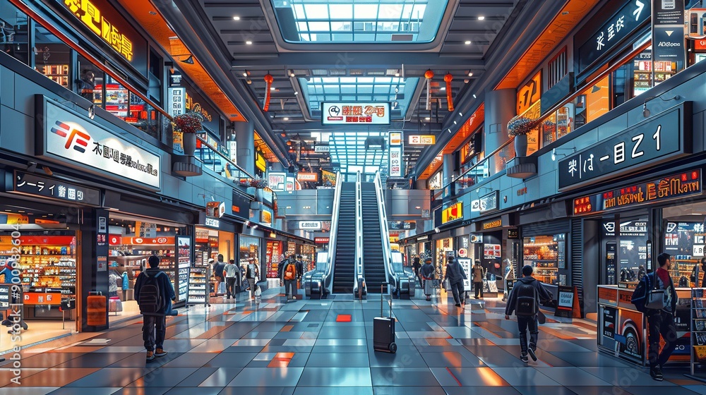 Vibrant Shopping Center with a Range of Stores and an Escalator to the Second Floor Vibrant Shopping Center with a Range of Stores and an Escalator to the Second Floor