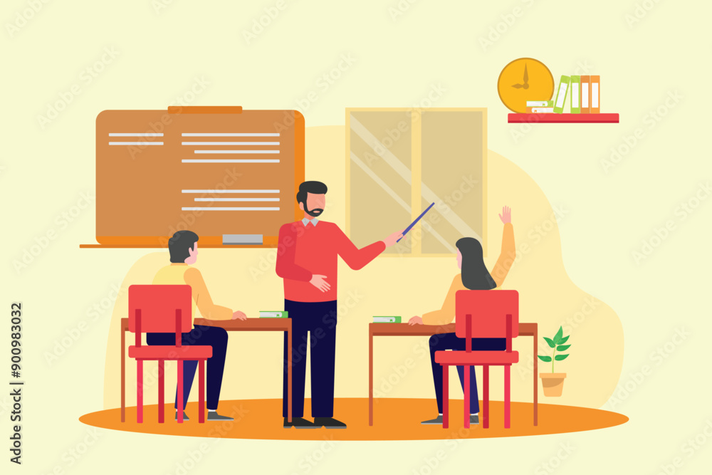 Fototapeta premium Lecturers teaching in class concept. Colored flat vector illustration isolated.