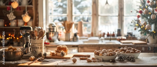 Holiday-themed kitchen with baking supplies photo