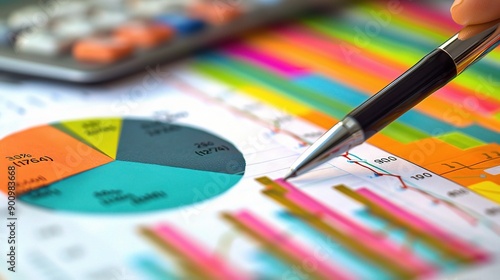 Data Driven Decisions: A hand strategically analyzes vibrant financial charts and graphs with a pen, highlighting the importance of data analysis in business strategy. 