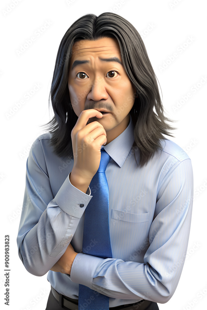 3d style illustration of asia middle aged man with long hair in office worker uniform, he is Biting of nails, isolated on a transparent background 3d style illustration of asia middle aged man with long hair in office worker uniform, he is Biting of nails, isolated on a transparent background