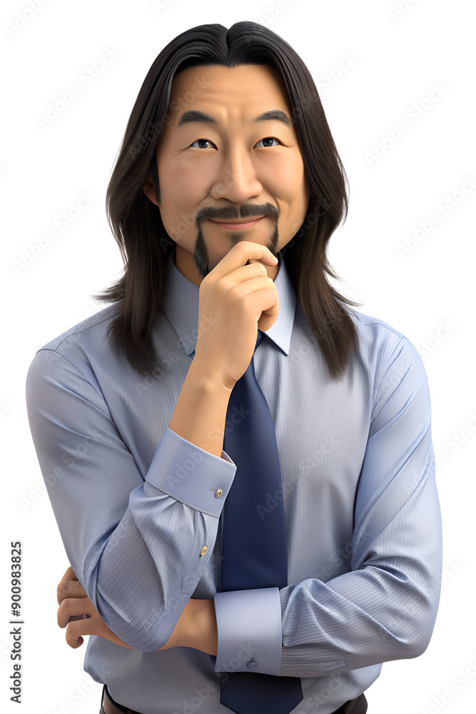 3d style illustration of asia middle aged man with long hair in office worker uniform, he is Biting of nails, isolated on a transparent background 3d style illustration of asia middle aged man with long hair in office worker uniform, he is Biting of nails, isolated on a transparent background