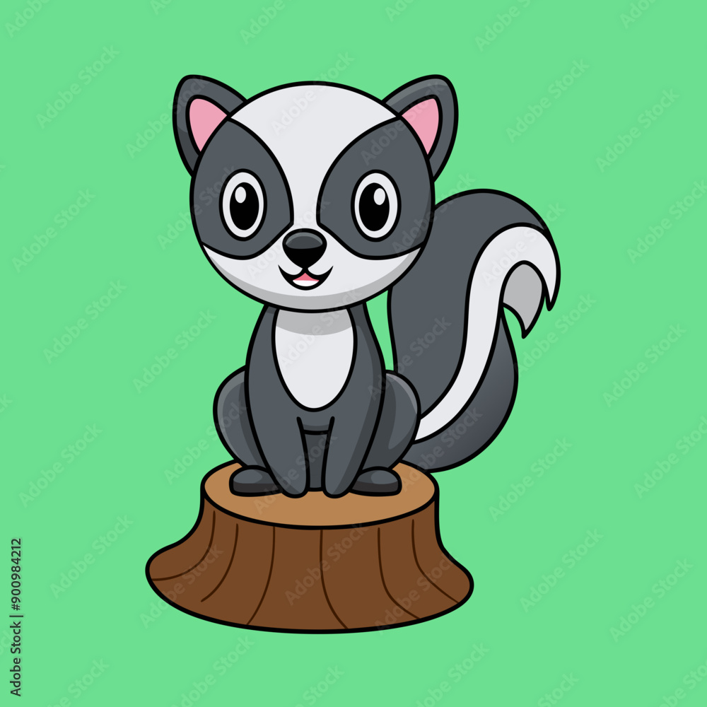 Fototapeta premium Cartoon skunk posing on tree stump vector art Illustration