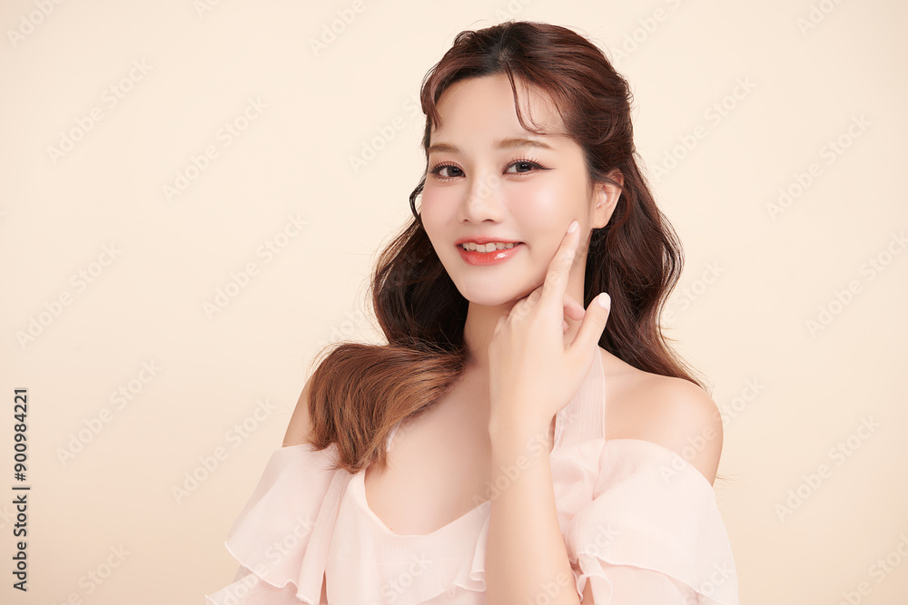 Beautiful young asian woman with clean fresh skin on beige background, Face care, Facial treatment, Cosmetology, beauty and spa, Asian women portrait. Beautiful young asian woman with clean fresh skin on beige background, Face care, Facial treatment, Cosmetology, beauty and spa, Asian women portrait.