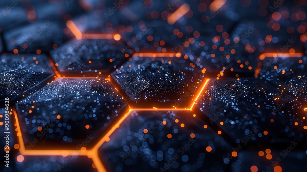 Abstract Hexagon Pattern: Glowing orange lines illuminate a sleek, futuristic pattern of hexagonal shapes, creating an mesmerizing backdrop for technology Abstract Hexagon Pattern: Glowing orange lines illuminate a sleek, futuristic pattern of hexagonal shapes, creating an mesmerizing backdrop for technology