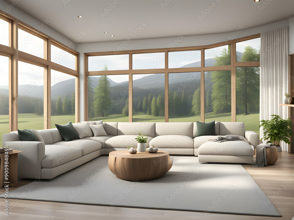 Fototapeta premium Light beige sectional in a modern Nordic-inspired home decor.