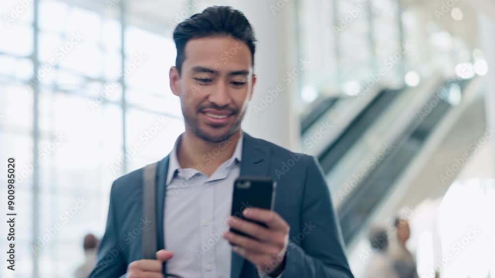 Phone, happy and business man at airport lobby for social media, search app or email. Smile, smartphone and Asian professional with bag or luggage for travel, communication and consultant walking Phone, happy and business man at airport lobby for social media, search app or email. Smile, smartphone and Asian professional with bag or luggage for travel, communication and consultant walking