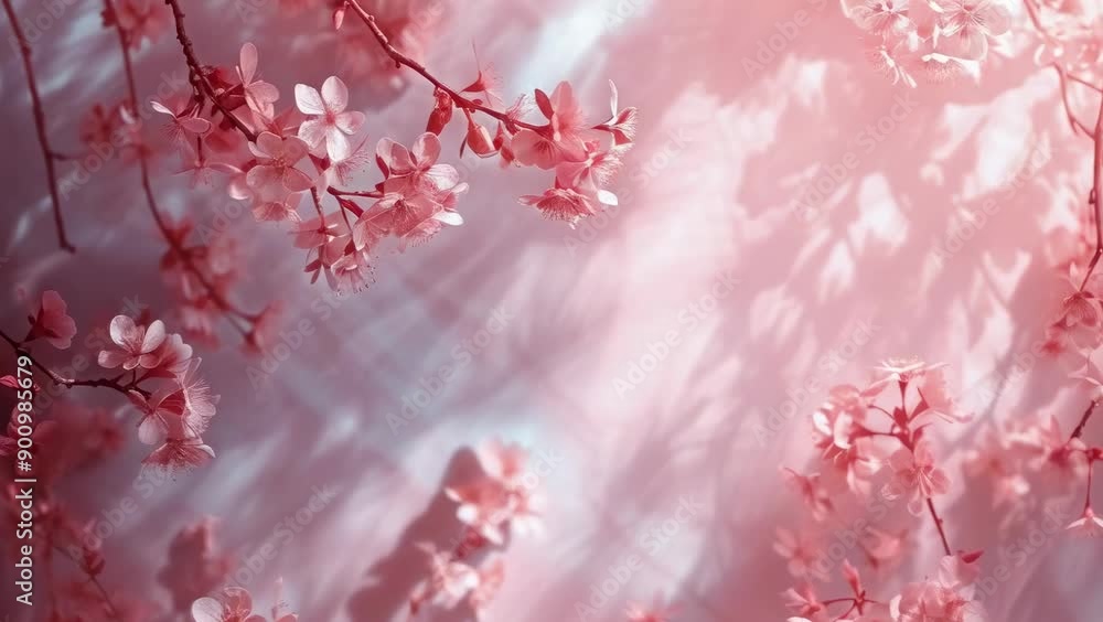 Pink cherry blossoms in full bloom with sunlight casting shadows of the branches. The serene atmosphere highlights the delicate petals and the play of light and shadows, evoking a sense of peace and Pink cherry blossoms in full bloom with sunlight casting shadows of the branches. The serene atmosphere highlights the delicate petals and the play of light and shadows, evoking a sense of peace and