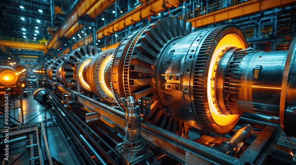 Industrial Powerhouse: A close-up view of a massive turbine, glowing with heat and radiating power, within a modern industrial setting. Industrial Powerhouse: A close-up view of a massive turbine, glowing with heat and radiating power, within a modern industrial setting.