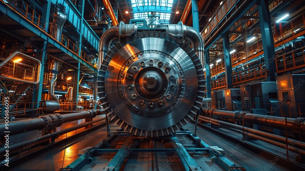 Industrial Powerhouse: A colossal turbine dominates a cavernous factory floor, its metallic gleam reflecting the raw energy and industrial might of modern manufacturing. Industrial Powerhouse: A colossal turbine dominates a cavernous factory floor, its metallic gleam reflecting the raw energy and industrial might of modern manufacturing.