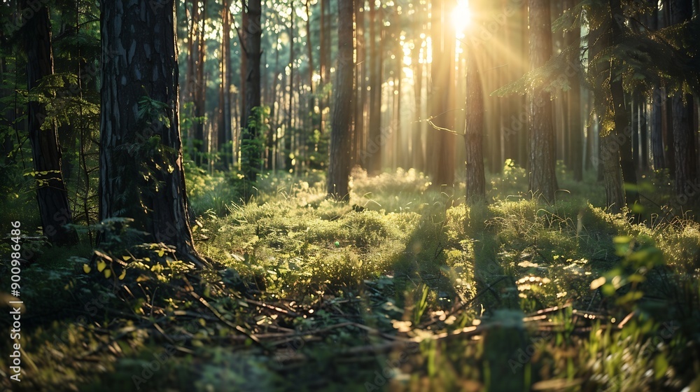 Fototapeta premium Observing the sunlight filtering through the trees in a forest surrounded by a natural landscape of terrestrial plants trunks twigs grass and various shades of wood : Generative AI