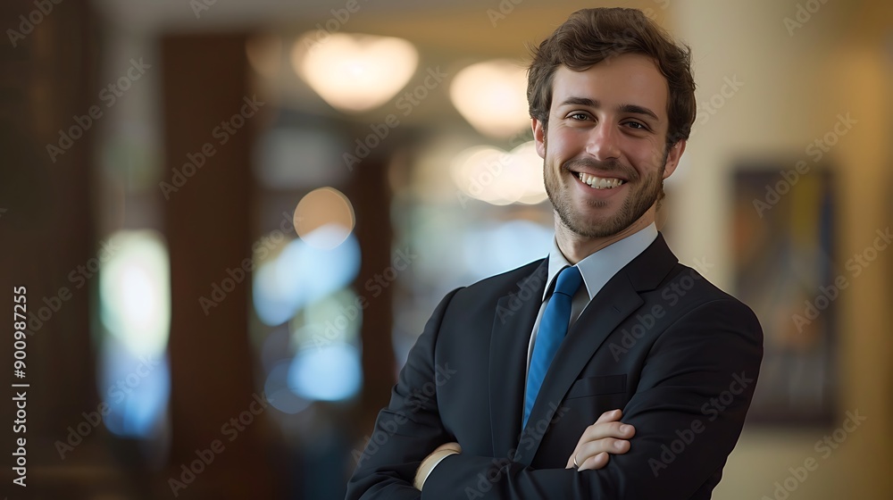 Confident executive in black suit and dark blue tie standing with arms crossed, smiling warmly, reflecting professional success and business leadership in a corporate environment portrait Confident executive in black suit and dark blue tie standing with arms crossed, smiling warmly, reflecting professional success and business leadership in a corporate environment portrait