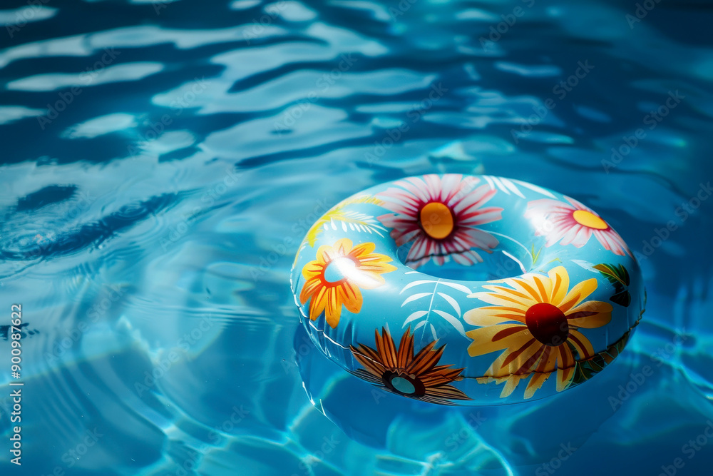 Colorful inflatable ring floating in a clear blue swimming pool with sunlight reflections creating a vibrant and relaxing summer scene. Colorful inflatable ring floating in a clear blue swimming pool with sunlight reflections creating a vibrant and relaxing summer scene.