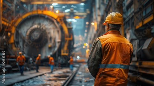 The Watchful Engineer: An industrial worker in a hard hat surveys the bustling factory floor, his back turned to the camera, highlighting the grit and determination of manufacturing. 