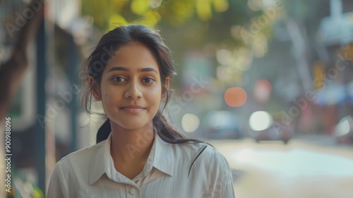A woman stands on a city street looking directly at the camera