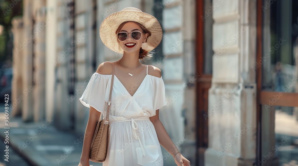 Fototapeta premium attractive woman walking in street on vacation dressed in white summer fashion dress straw hat sunglasses and purse smiling happy having fun stylish accessories trend : Generative AI