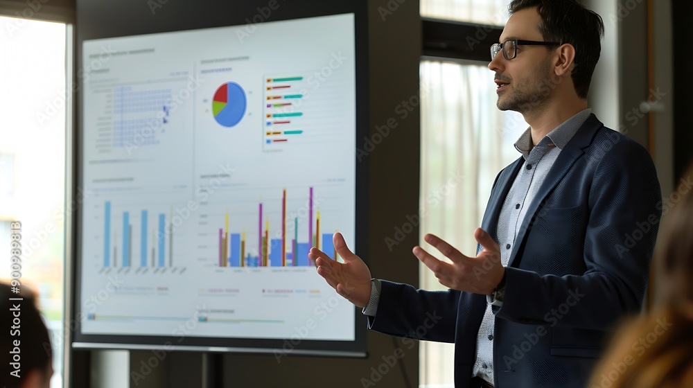Male coach hold seminar for staff makes presentation provides sales statistics explanation gathered in modern conference room with monitor screen with infographic charts graphs and dia : Generative AI Male coach hold seminar for staff makes presentation provides sales statistics explanation gathered in modern conference room with monitor screen with infographic charts graphs and dia : Generative AI