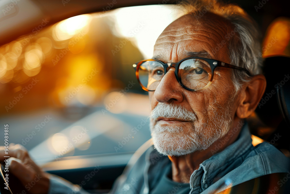 An old man is driving a car . he is wearing glasses. An old man is driving a car . he is wearing glasses.