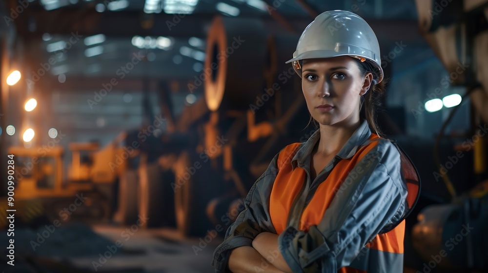 Portrait of a heavy equipment female engineer from a huge industry who came to inspect the metal sheet factorys machinery : Generative AI Portrait of a heavy equipment female engineer from a huge industry who came to inspect the metal sheet factorys machinery : Generative AI