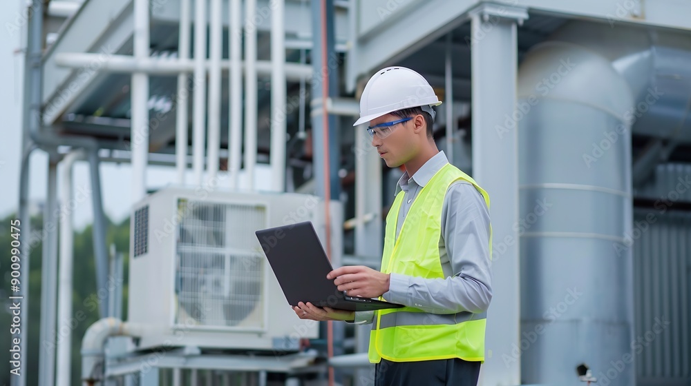 engineer using laptop checking industry cooling air conditioner water cooling tower air chiller of large industrial building to control air system at construction site : Generative AI engineer using laptop checking industry cooling air conditioner water cooling tower air chiller of large industrial building to control air system at construction site : Generative AI