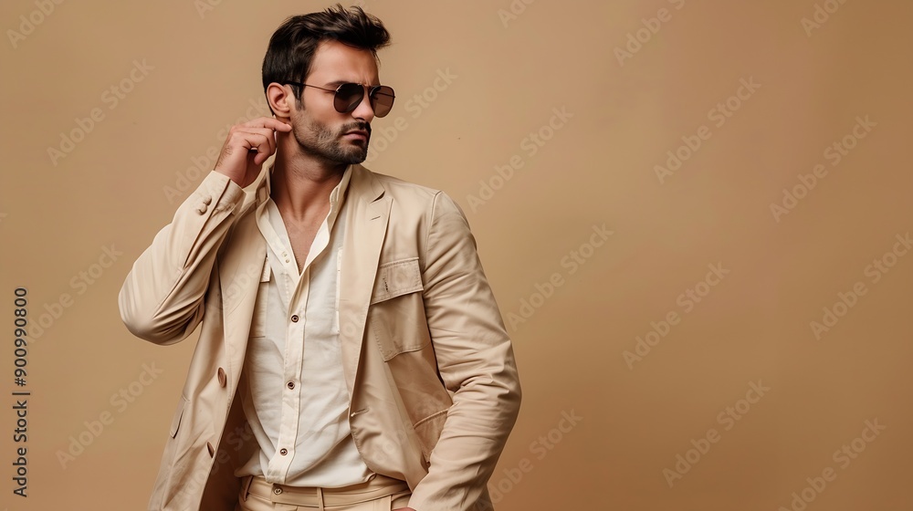 Fototapeta premium Fashionable man in beige jacket on shoulder shirt pants and sunglasses on beige background banner : Generative AI