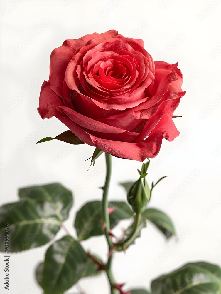 A vivid red rose in full bloom, its delicate petals meticulously layered, with a green stem adorned by leaves and a budding rose against a soft, light background. A vivid red rose in full bloom, its delicate petals meticulously layered, with a green stem adorned by leaves and a budding rose against a soft, light background.