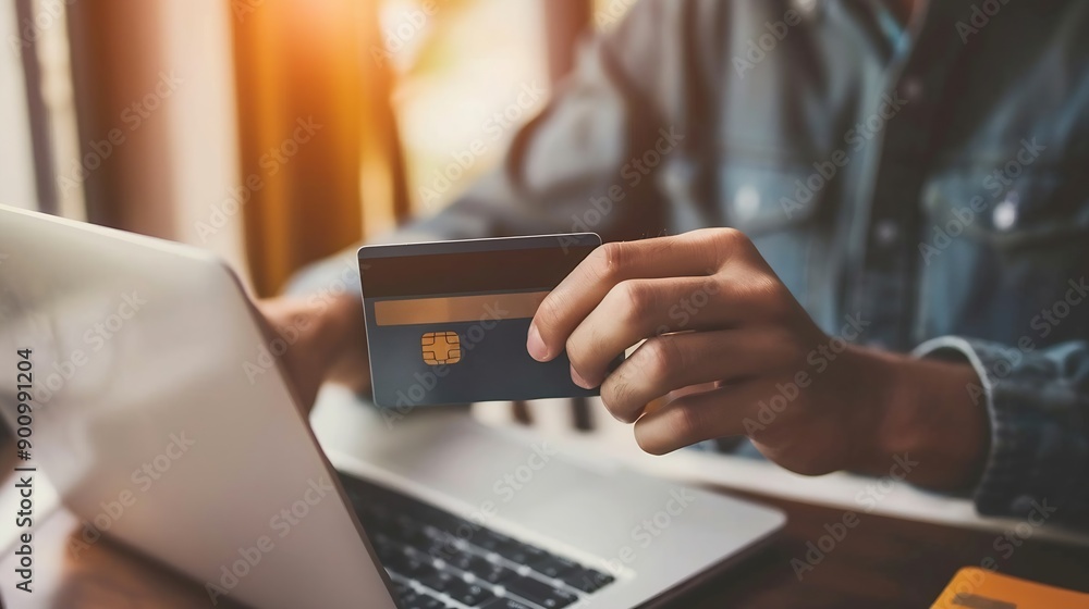 A man is holding a credit card in front of a laptop Concept of financial responsibility and the importance of managing ones finances Homework : Generative AI A man is holding a credit card in front of a laptop Concept of financial responsibility and the importance of managing ones finances Homework : Generative AI