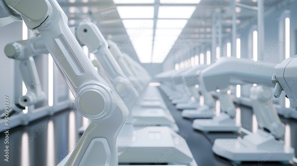 Fototapeta premium Row of White Robotic Arms at Modern Factory LithiumIon EV Battery Pack Production at Automated Assembly Line at Bright Factory Equipped With Industrial Robot Arms Electric Car Manufact : Generative AI
