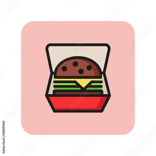 Hamburger in box line icon. Fast food, takeout food, snack. Takeaway food concept. Vector illustration can be used for topics like food, unhealthy eating, menu